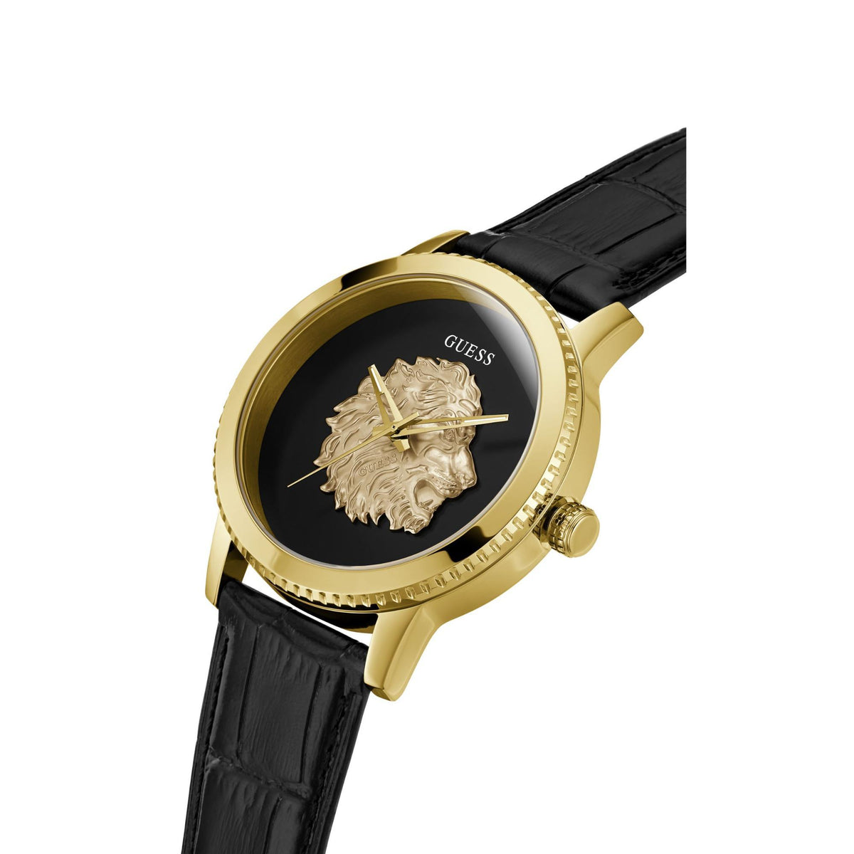 Men’s gold-tone watch angled view with black dial, gold lion motif, and black leather strap