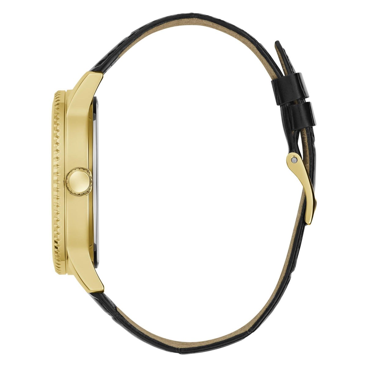 Men’s gold-tone watch side profile with black leather strap and round crown