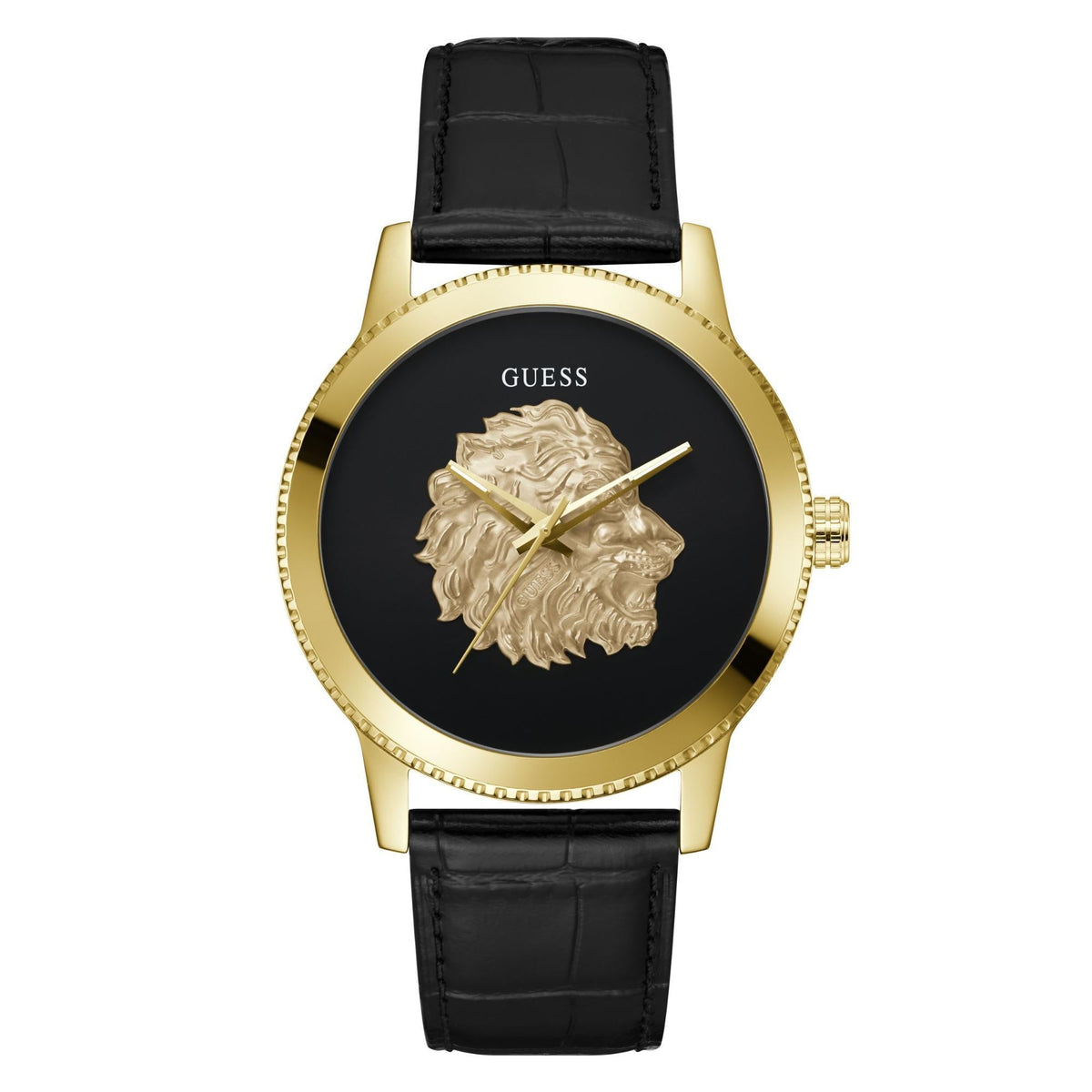 Men’s gold-tone watch front view with black dial, gold lion motif, and black leather strap