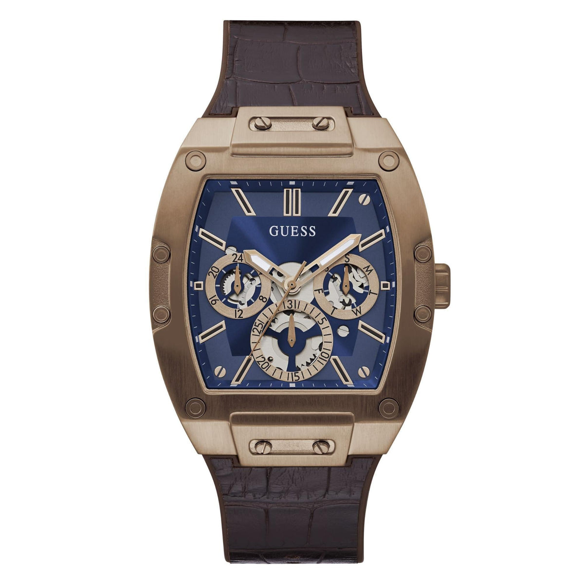 Men’s multifunction watch with blue dial, dark brown leather strap, and gold-tone bezel detail