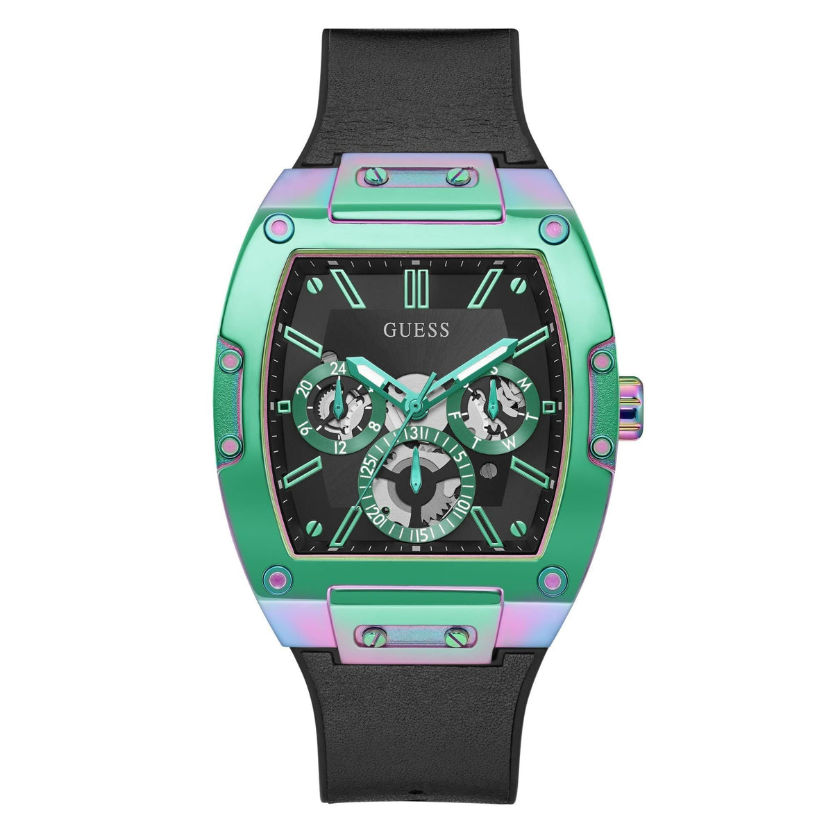 Two-tone men’s stainless steel watch with black dial, multi-dials, and black silicone strap.