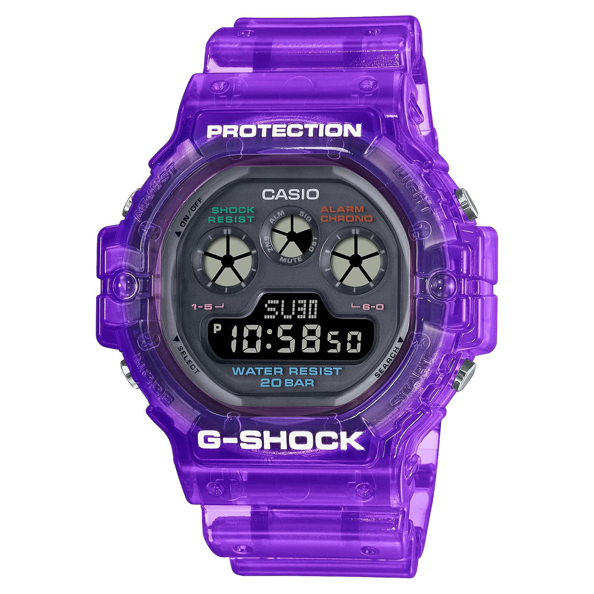 Casio G-Shock digital watch with purple resin strap, dark display, round side buttons