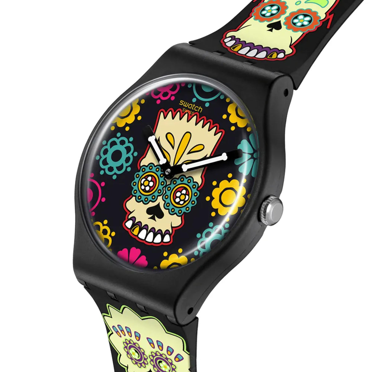 Black 41mm wristwatch with colorful printed skull dial and black printed strap