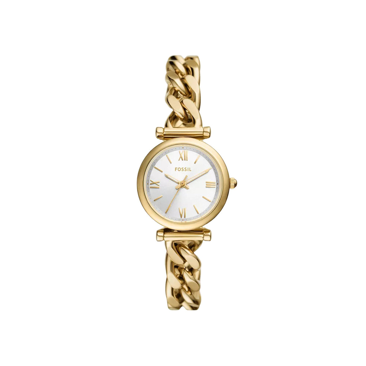 Three-quarter view of the Fossil Carlie ES5329 watch showcasing its round silver dial, gold-tone hour markers, and polished chain strap