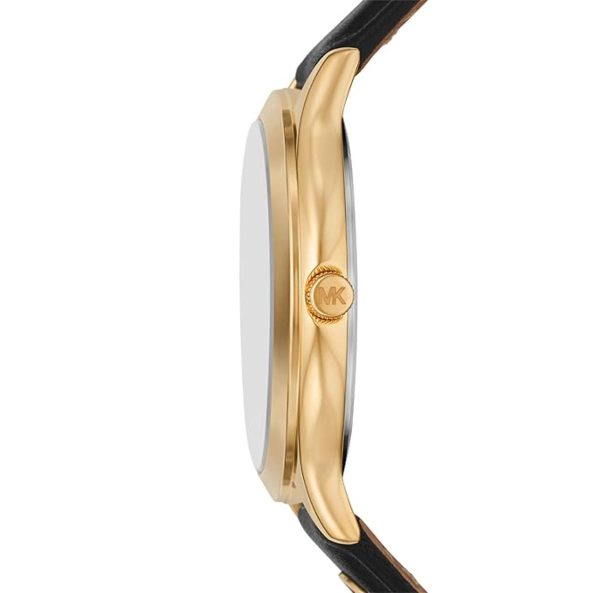 Michael Kors women’s watch profile with black leather strap and gold-tone case edge
