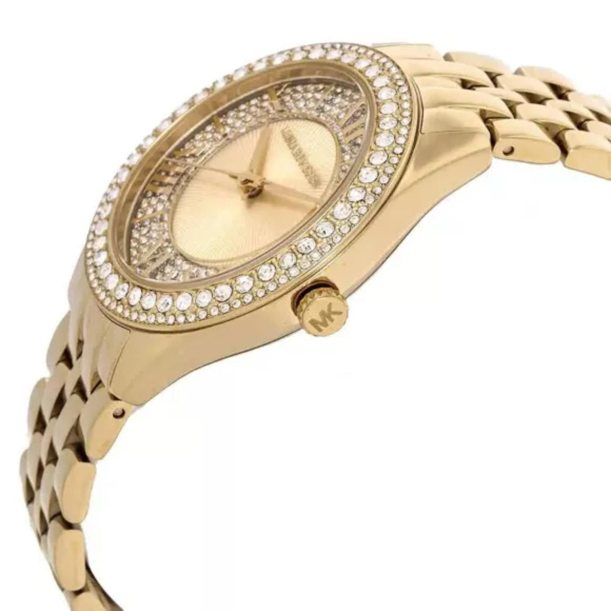 Gold-tone women’s watch with oval crystal bezel, gold dial, and link bracelet