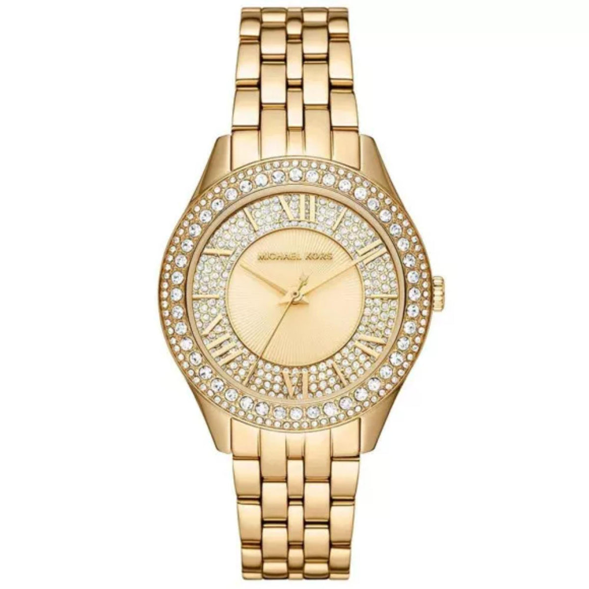 Gold-tone women’s watch front with champagne dial, sparkling bezel, and metal link band