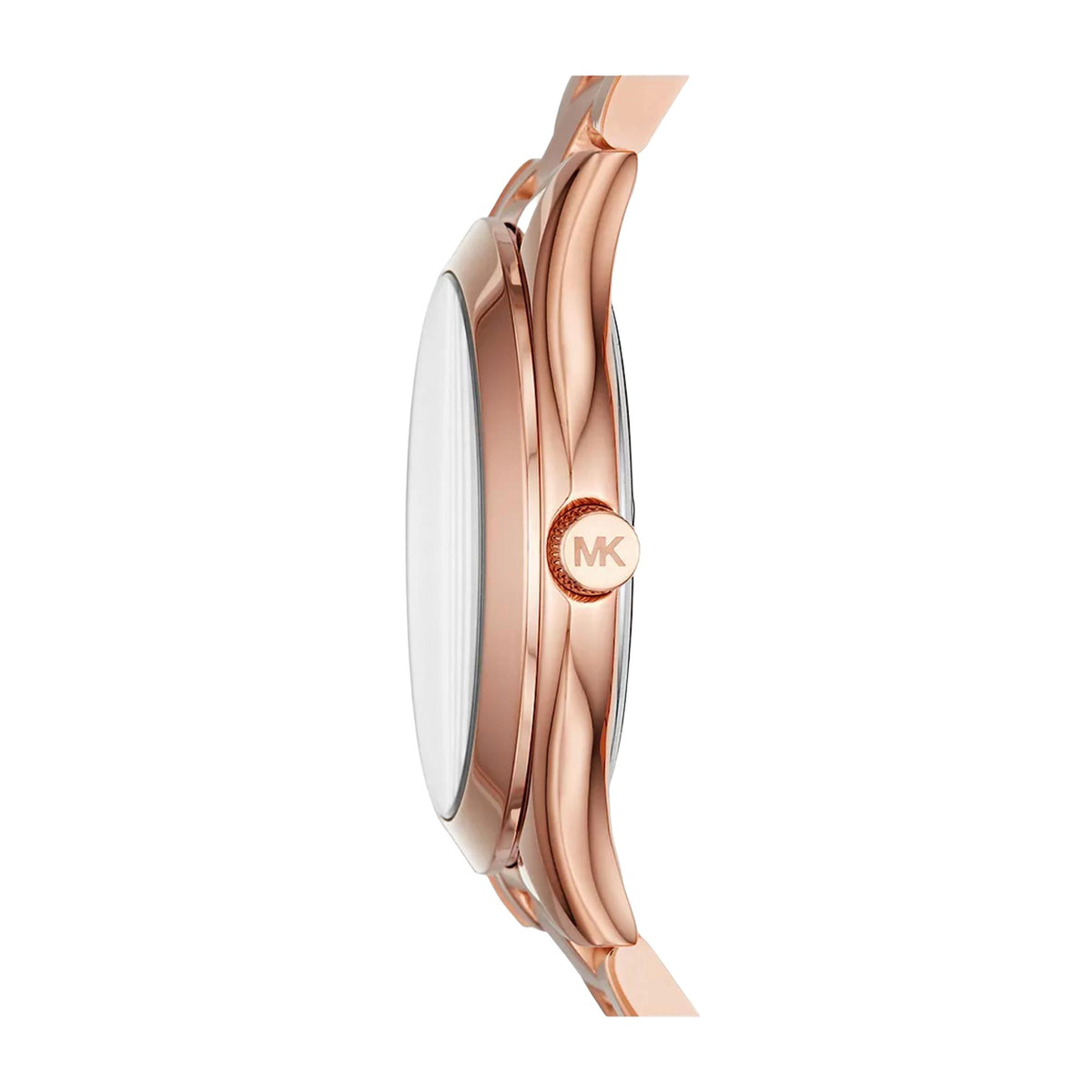 Side profile of a rose gold-tone watch with crown and metallic case finish