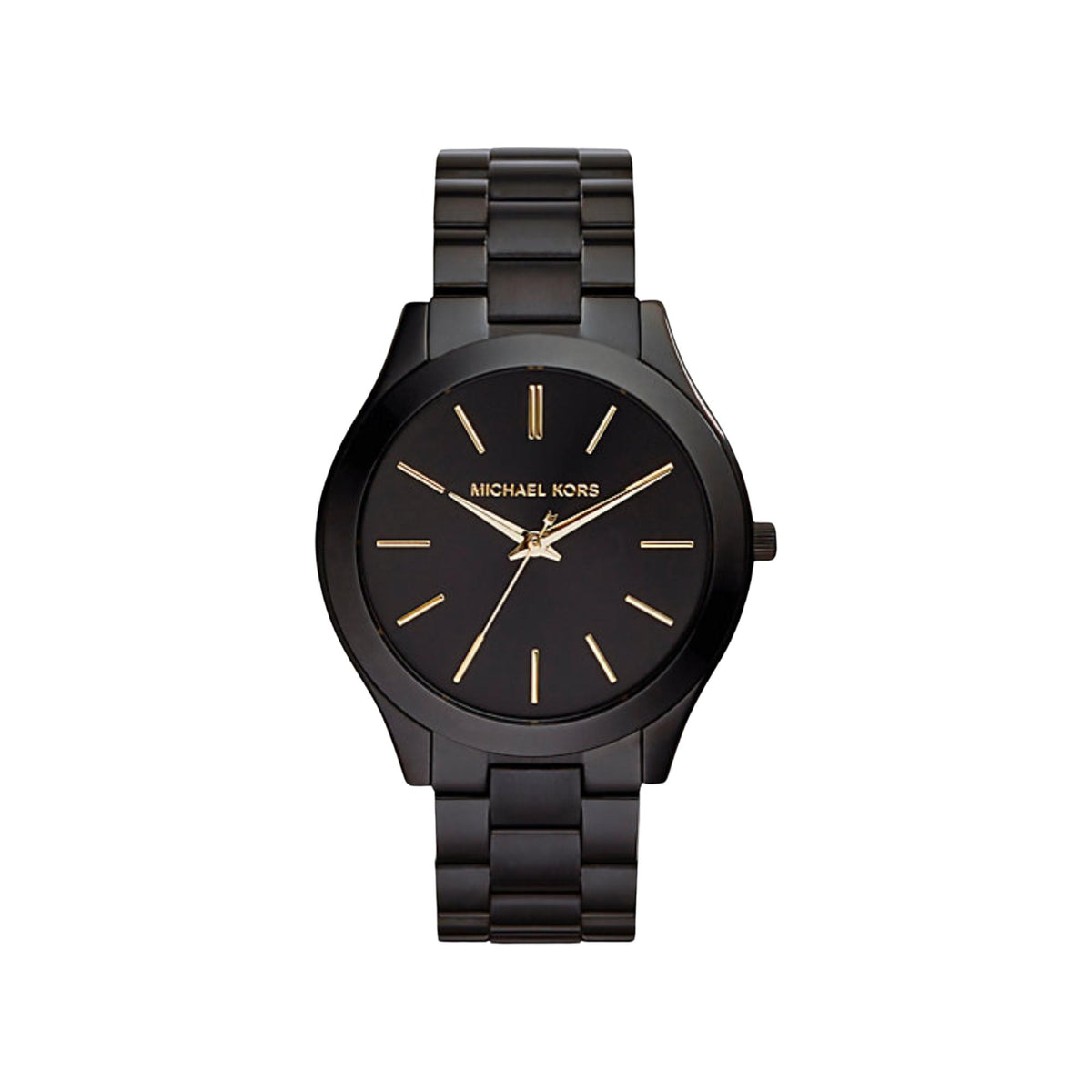 Round black dial watch with gold-tone hour markers and slim black-tone stainless bracelet