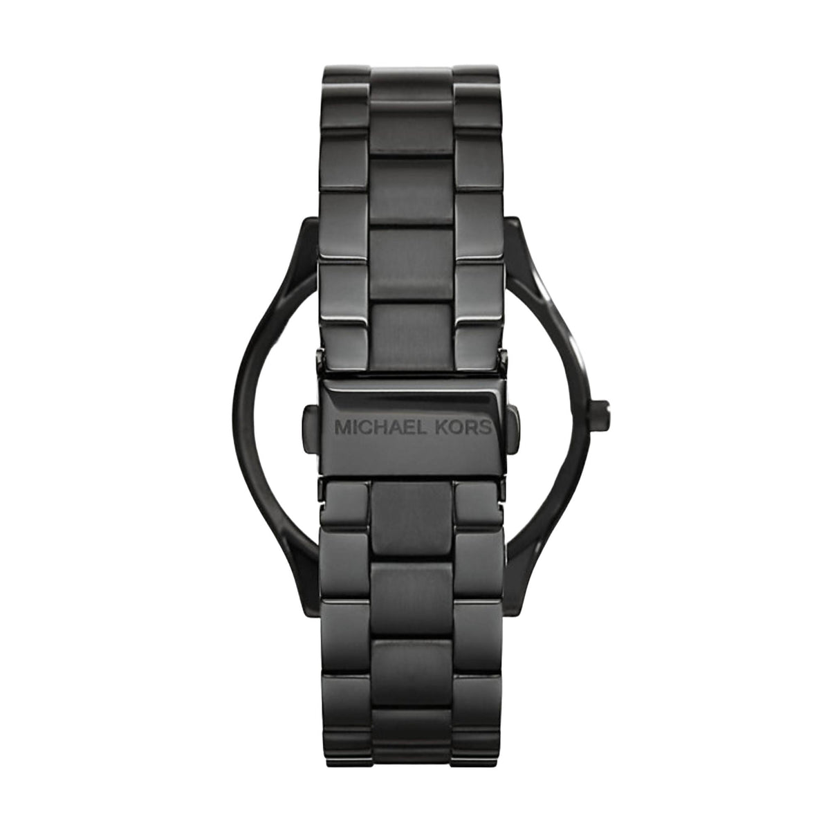 Black-tone stainless watch with side profile and crown, plus linked bracelet band