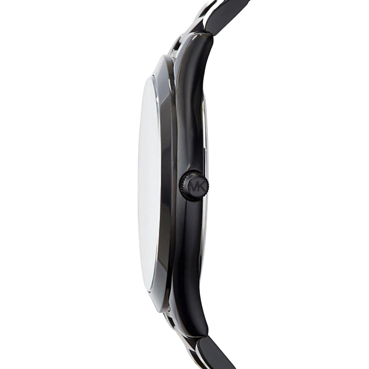 Side profile of black-tone stainless watch featuring the MK emblem on the case