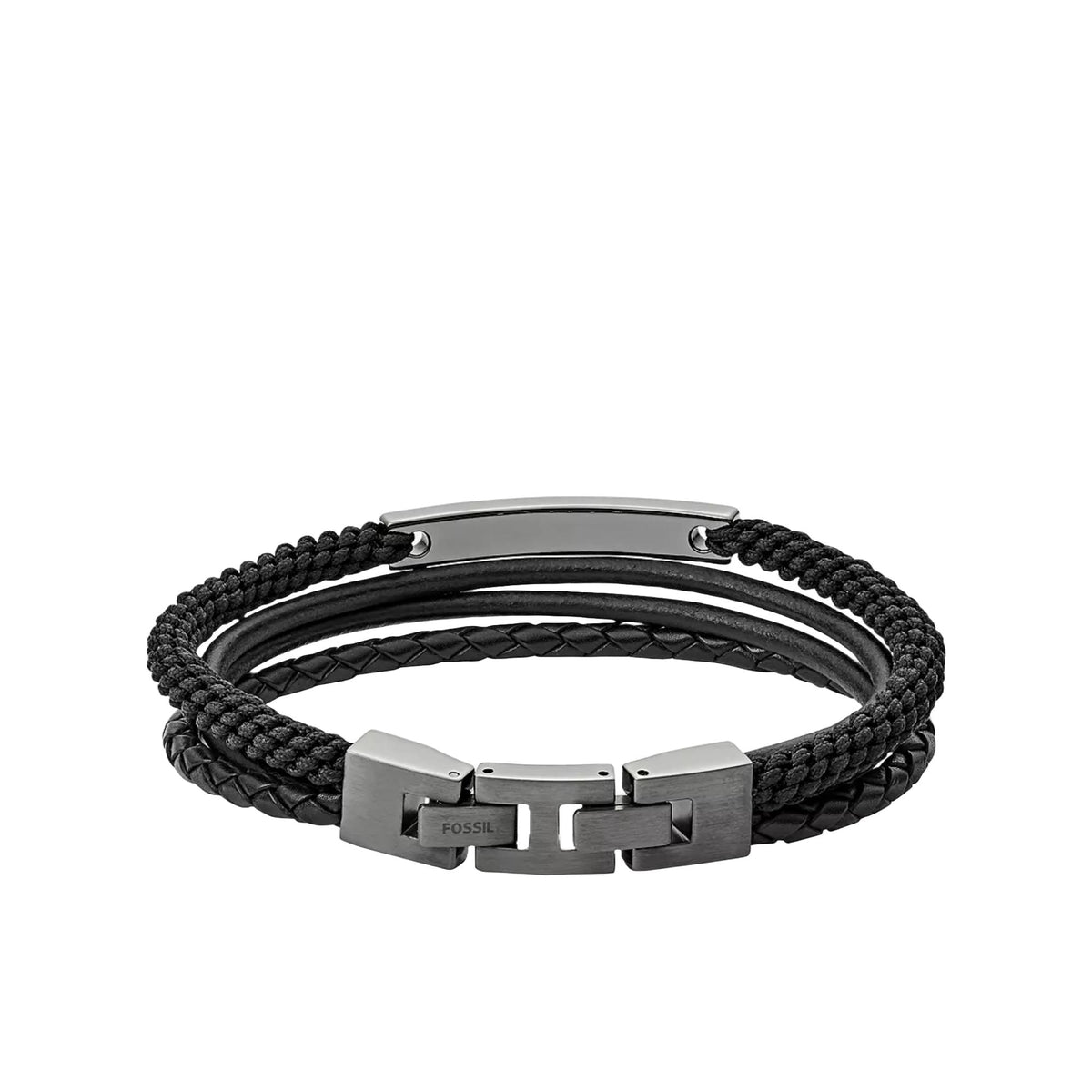 Men's braided bracelet with silver-tone back bar clasp and black textured cords