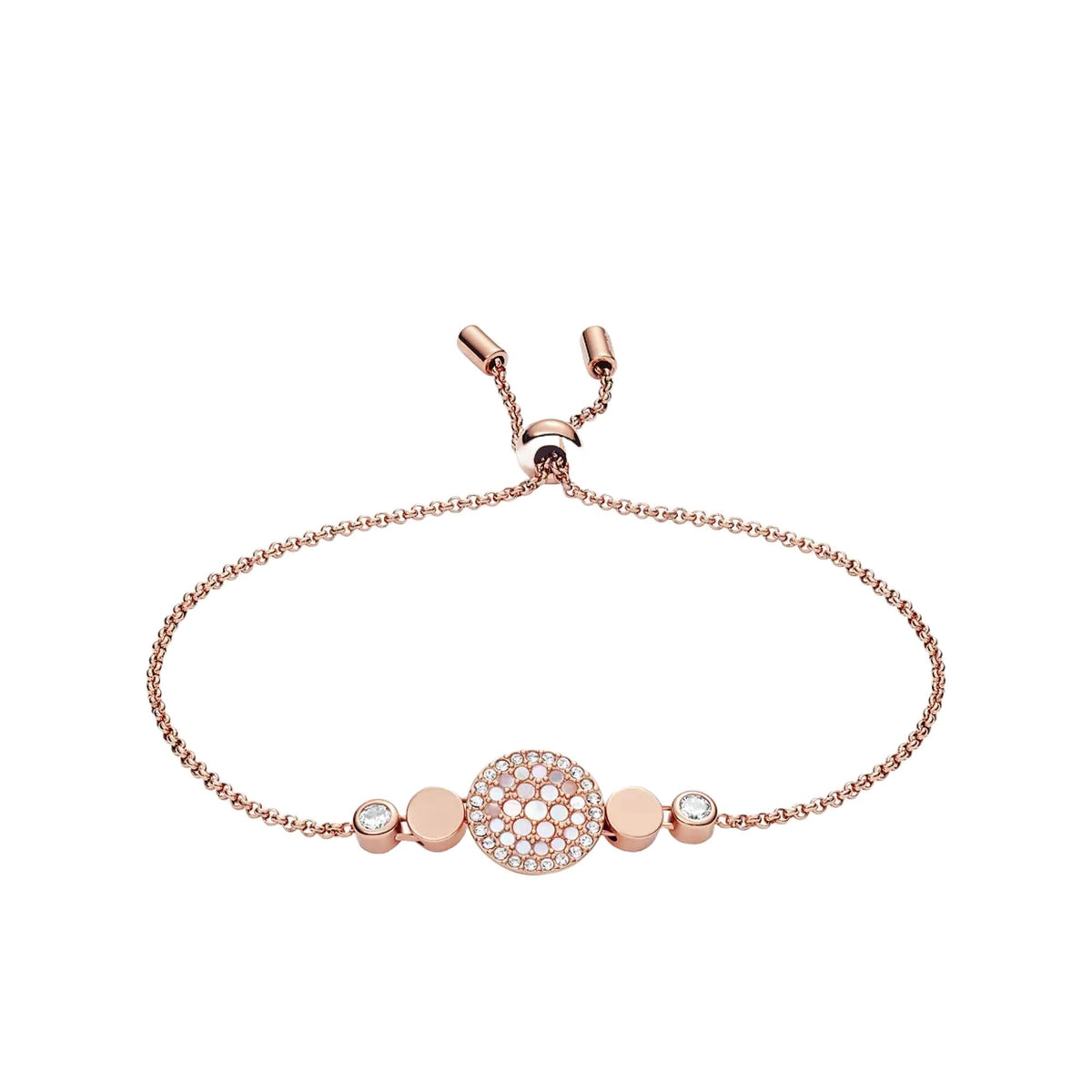 Fossil gold-tone bracelet with mother-of-pearl and pavé disc centerpiece