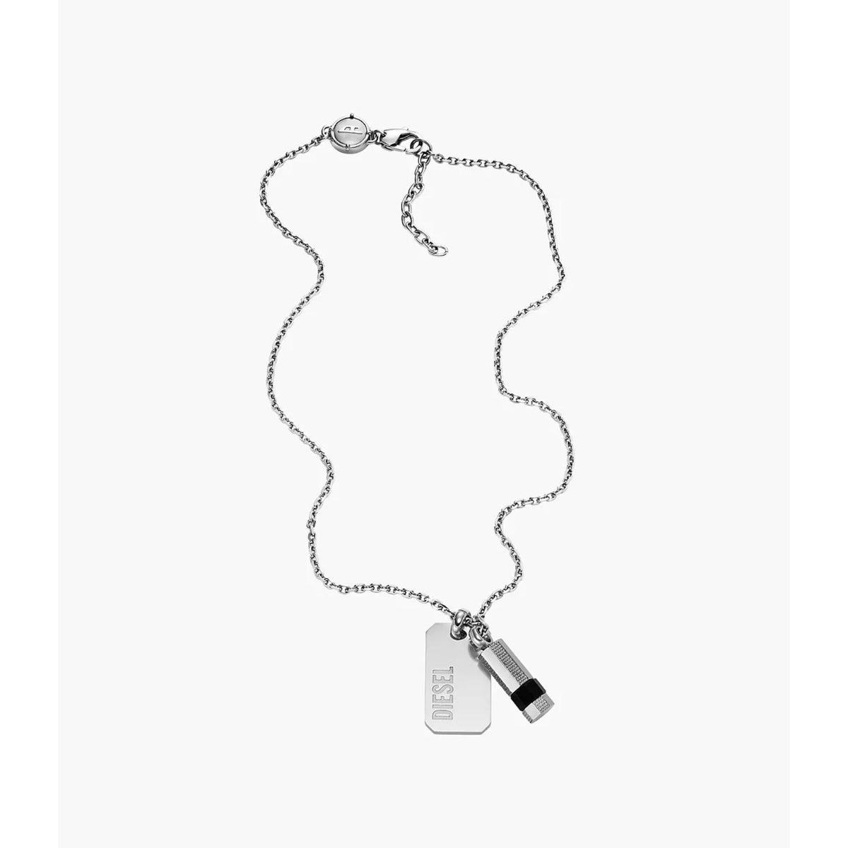 Stainless steel dog tag pendant necklace with Diesel plate and cylindrical black-accent charm