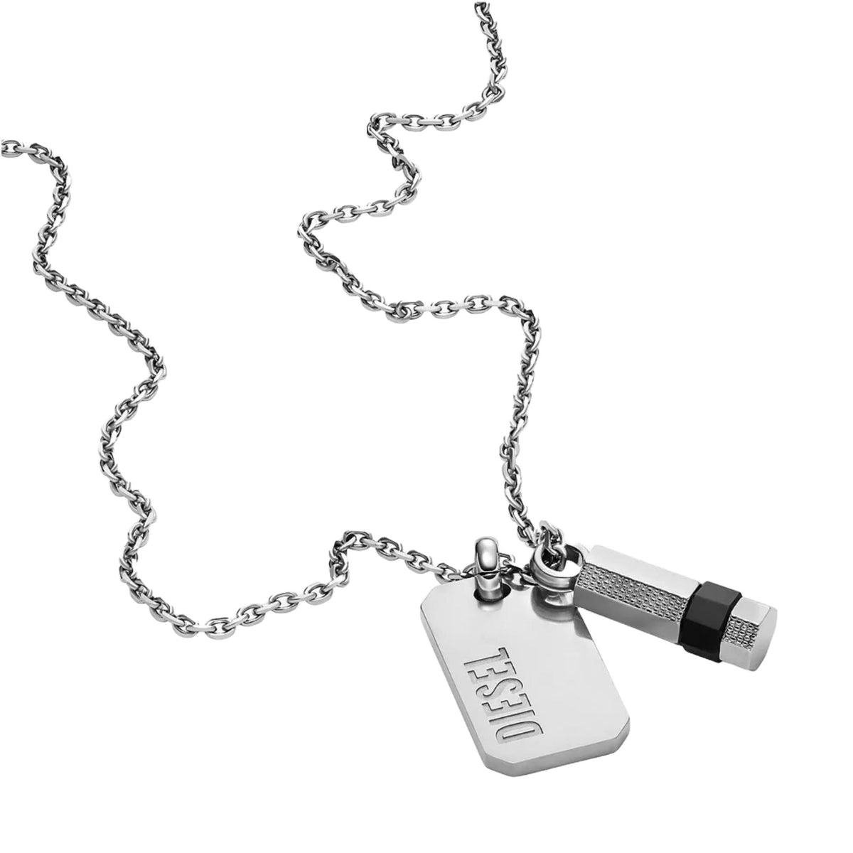 Stainless steel double dog tag pendant necklace showing two engraved plates and chain