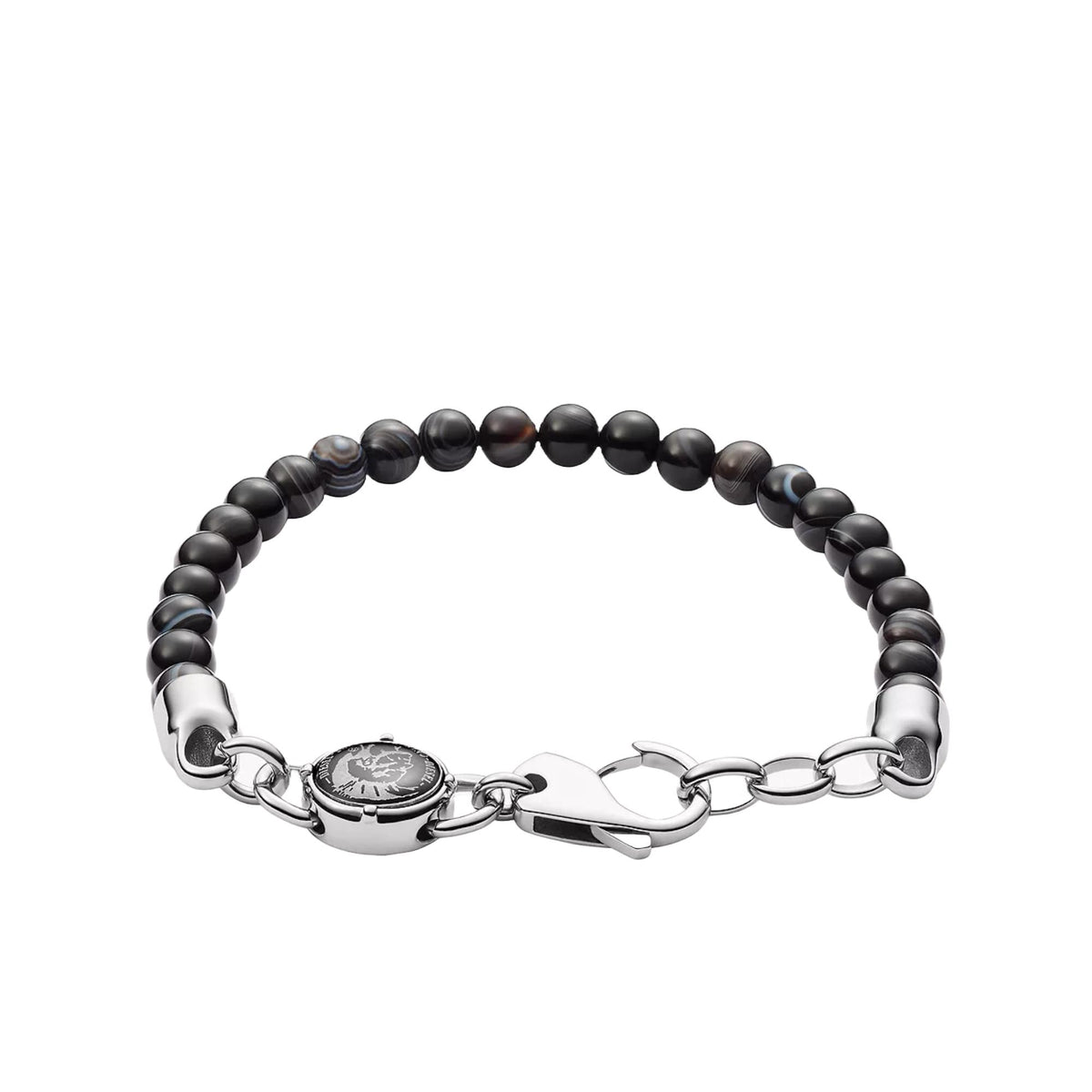 Black bead bracelet with silver-tone toggle clasp and round center plate