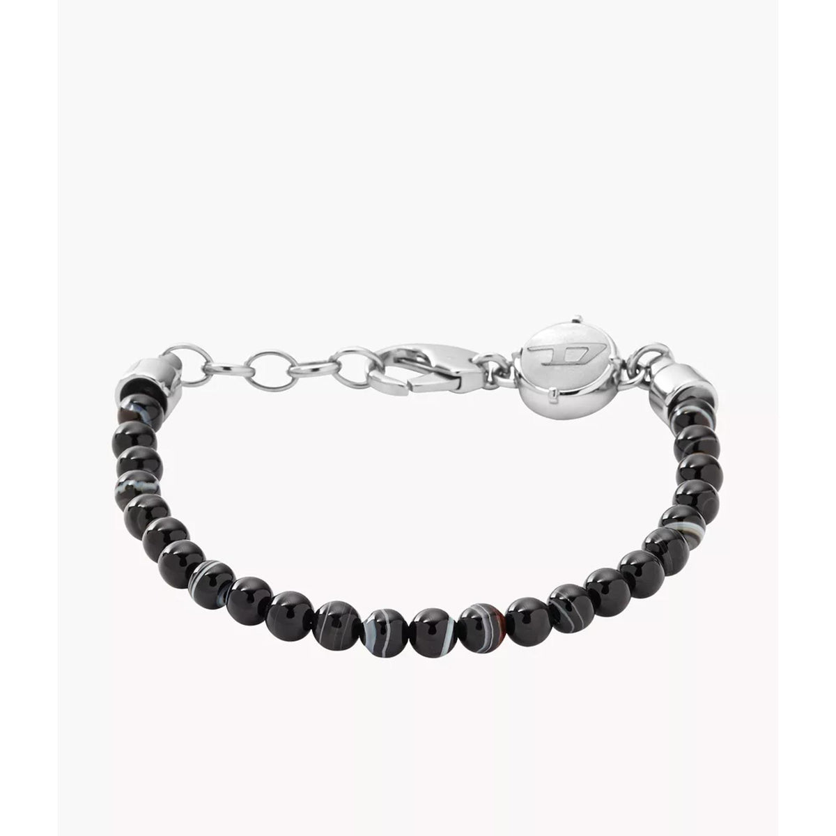Black bead bracelet with silver-tone clasp and small side link accents