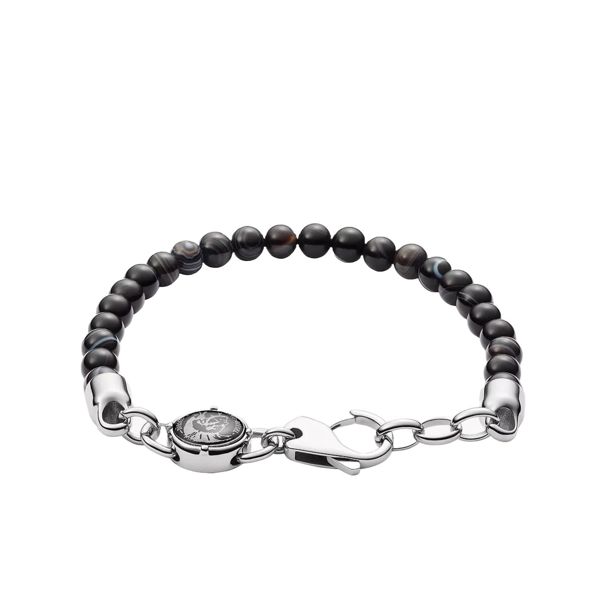 Black beaded bracelet with silver-tone chain links and circular center charm