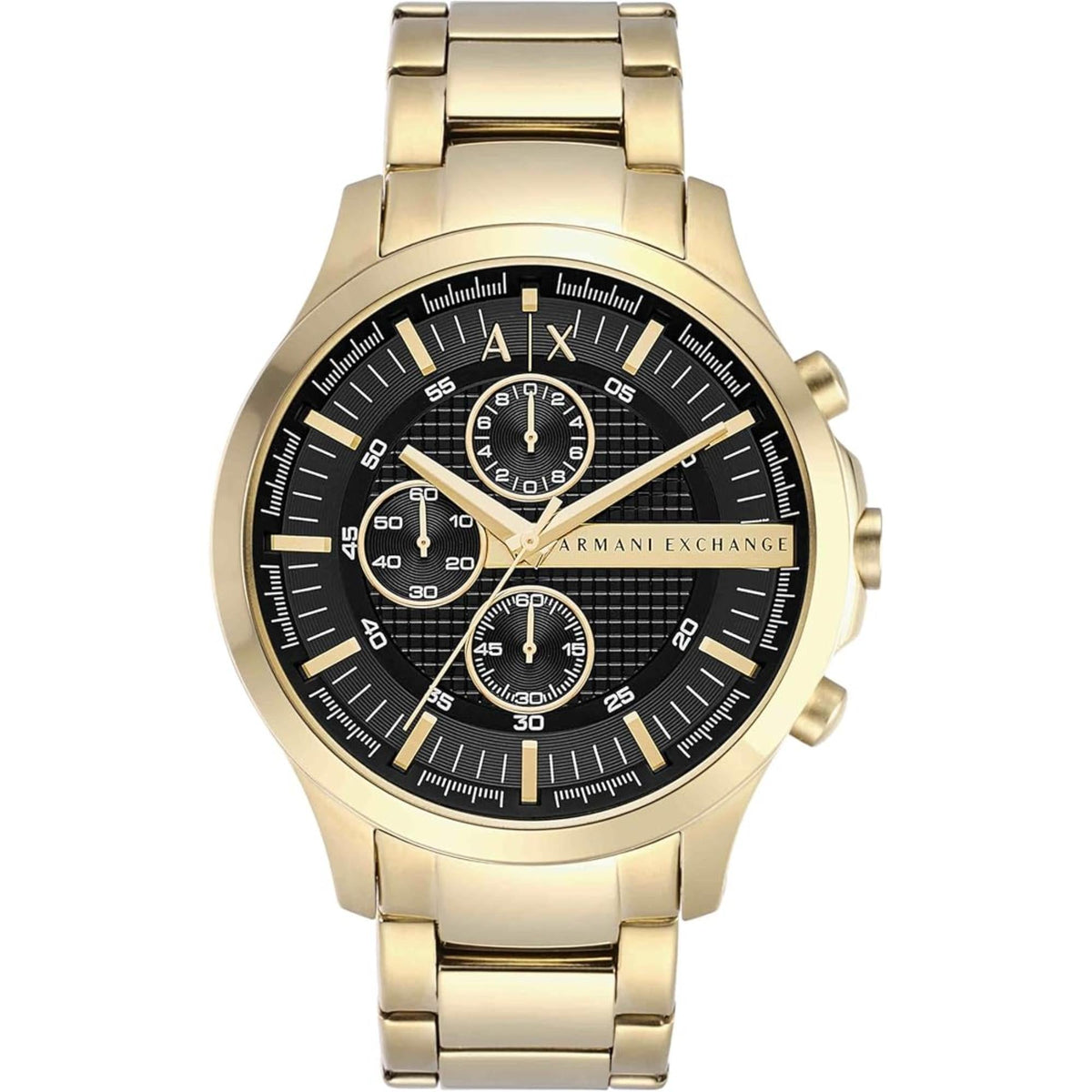 Armani Exchange Hampton AX2137 full product view detailing textured black dial with gold-tone accents