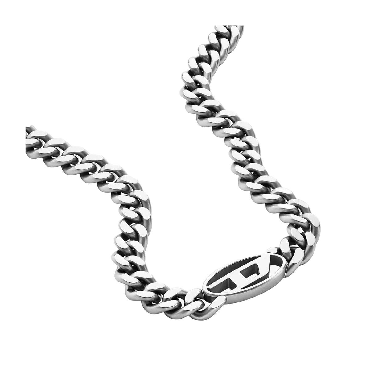 Stainless steel curb-link choker with oval D logo bar pendant, angled view