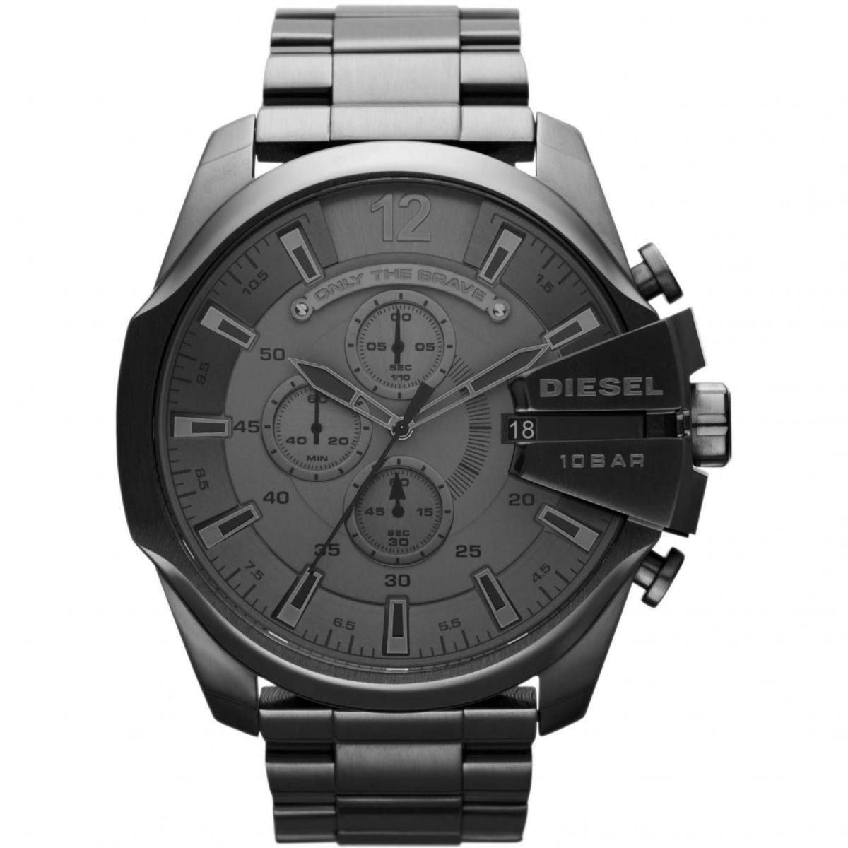 Diesel Mega Chief chronograph watch front view, grey dial and steel bracelet, quartz