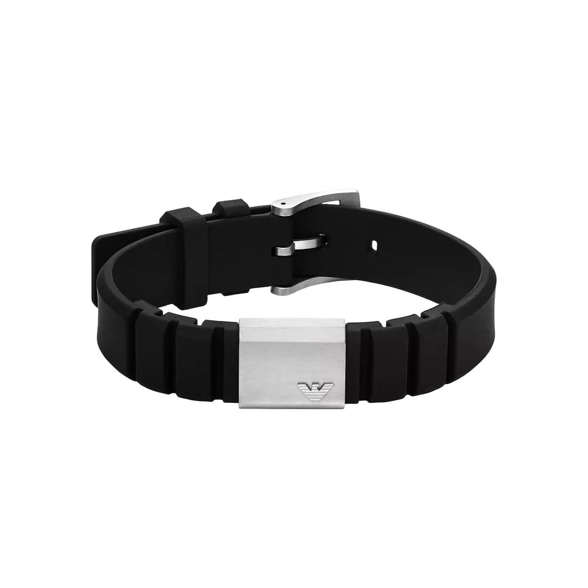 Black silicone ID bracelet featuring rectangular stainless steel center plate and clasp