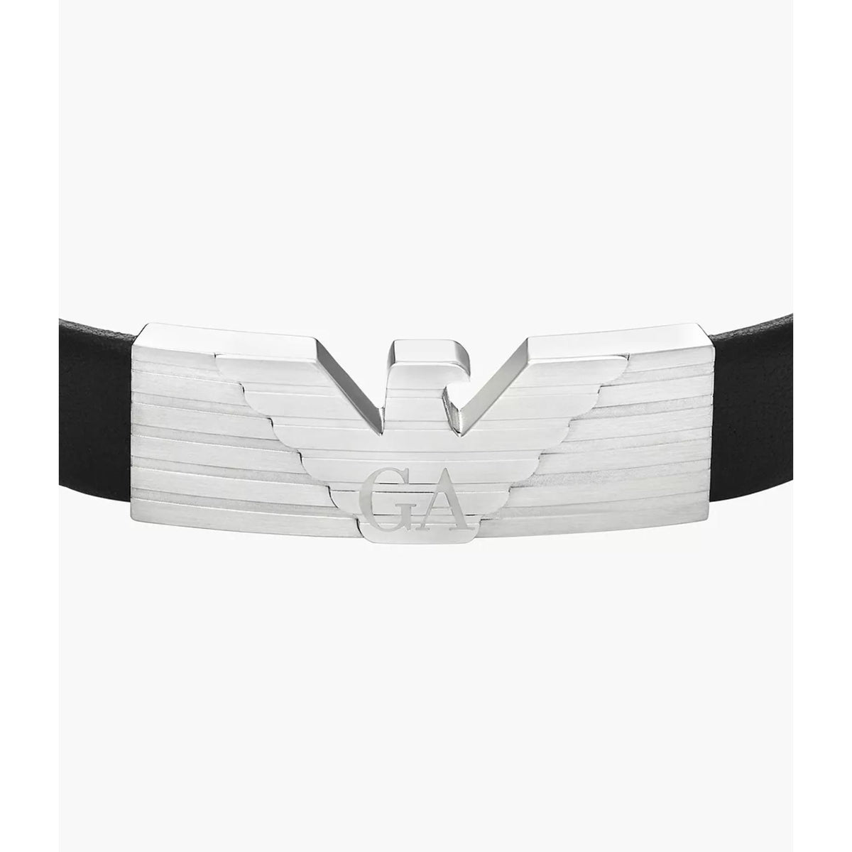 Close-up of black leather bracelet with stainless steel ID plate and GA monogram