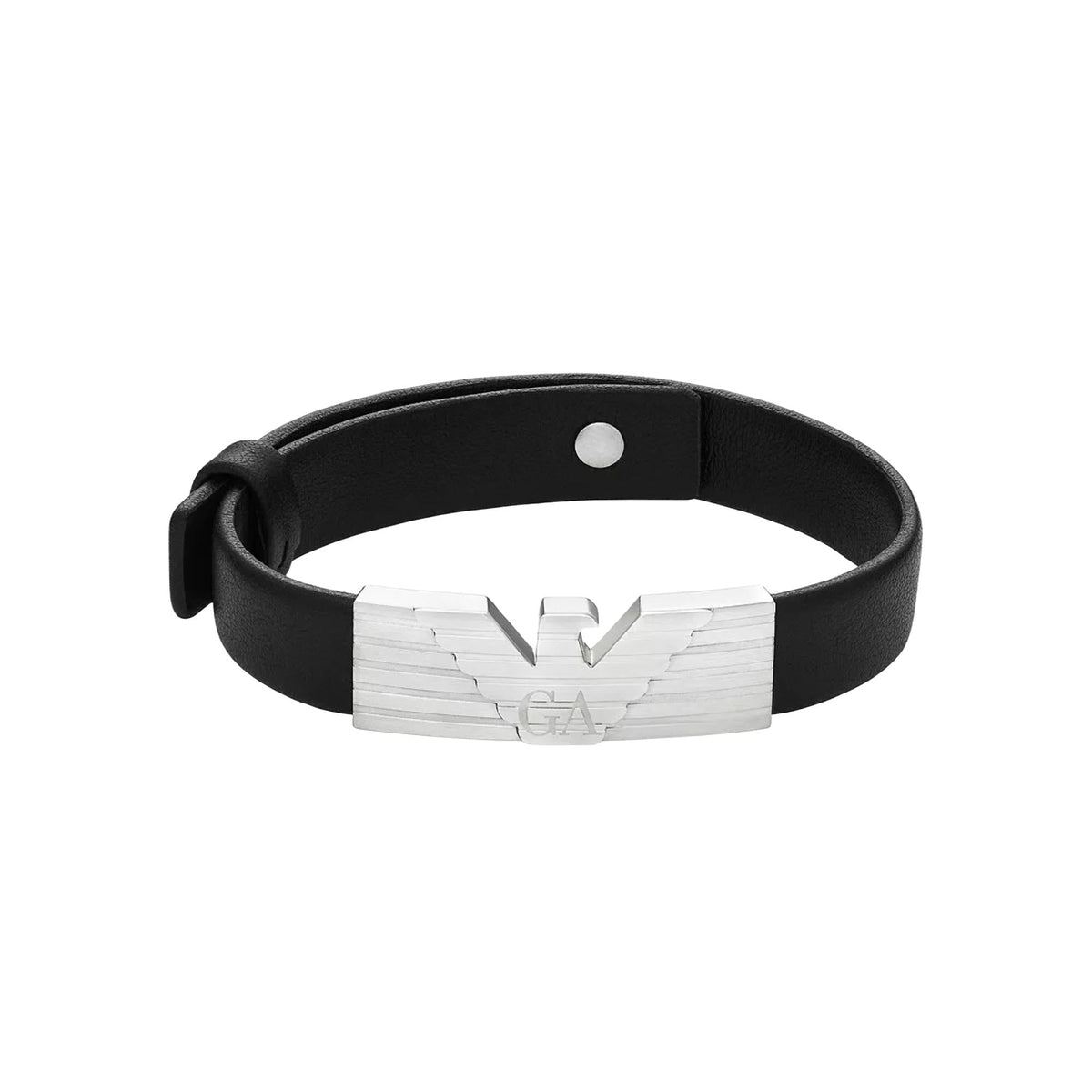 Black leather ID bracelet with stainless steel ID plate and winged GA emblem