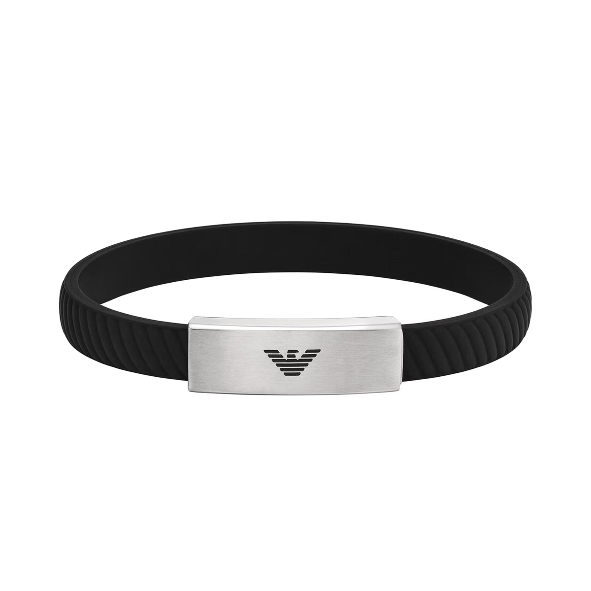 Emporio Armani black ID bracelet with polished steel rectangular logo plate