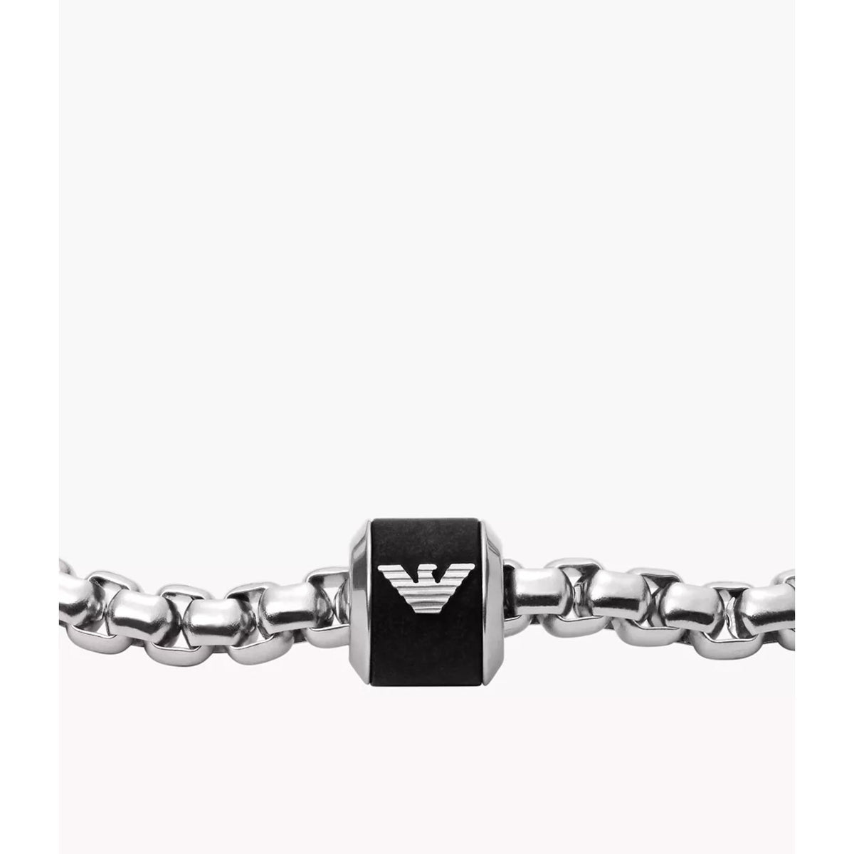 Close-up: black square bracelet centerpiece with V logo on silver chain links