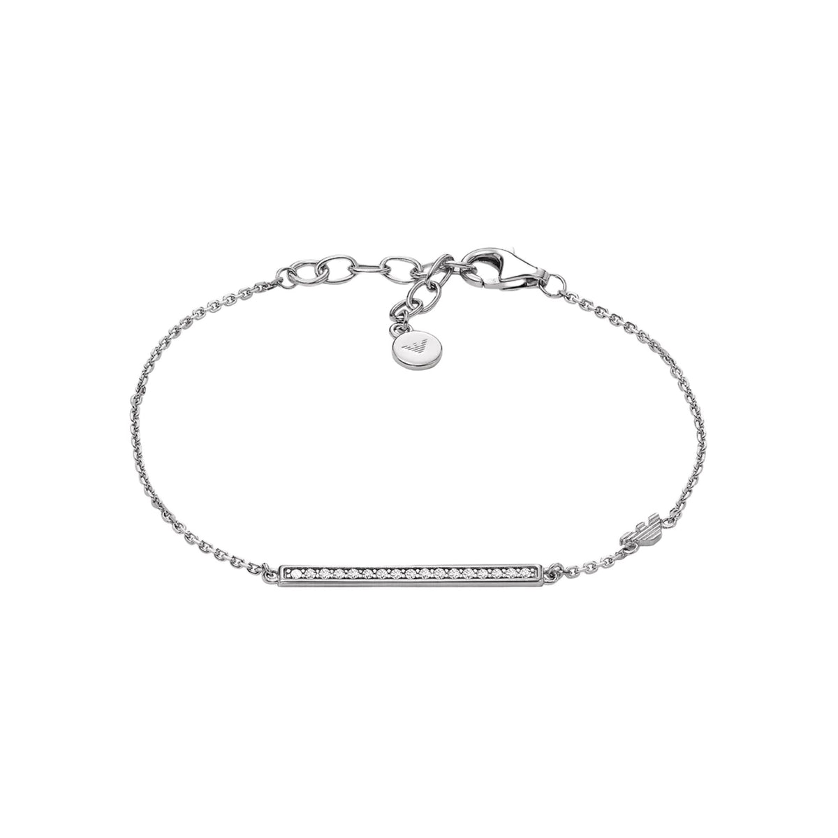 Sterling silver curb-chain bracelet with crystal bar centerpiece, heart charm, and clasp