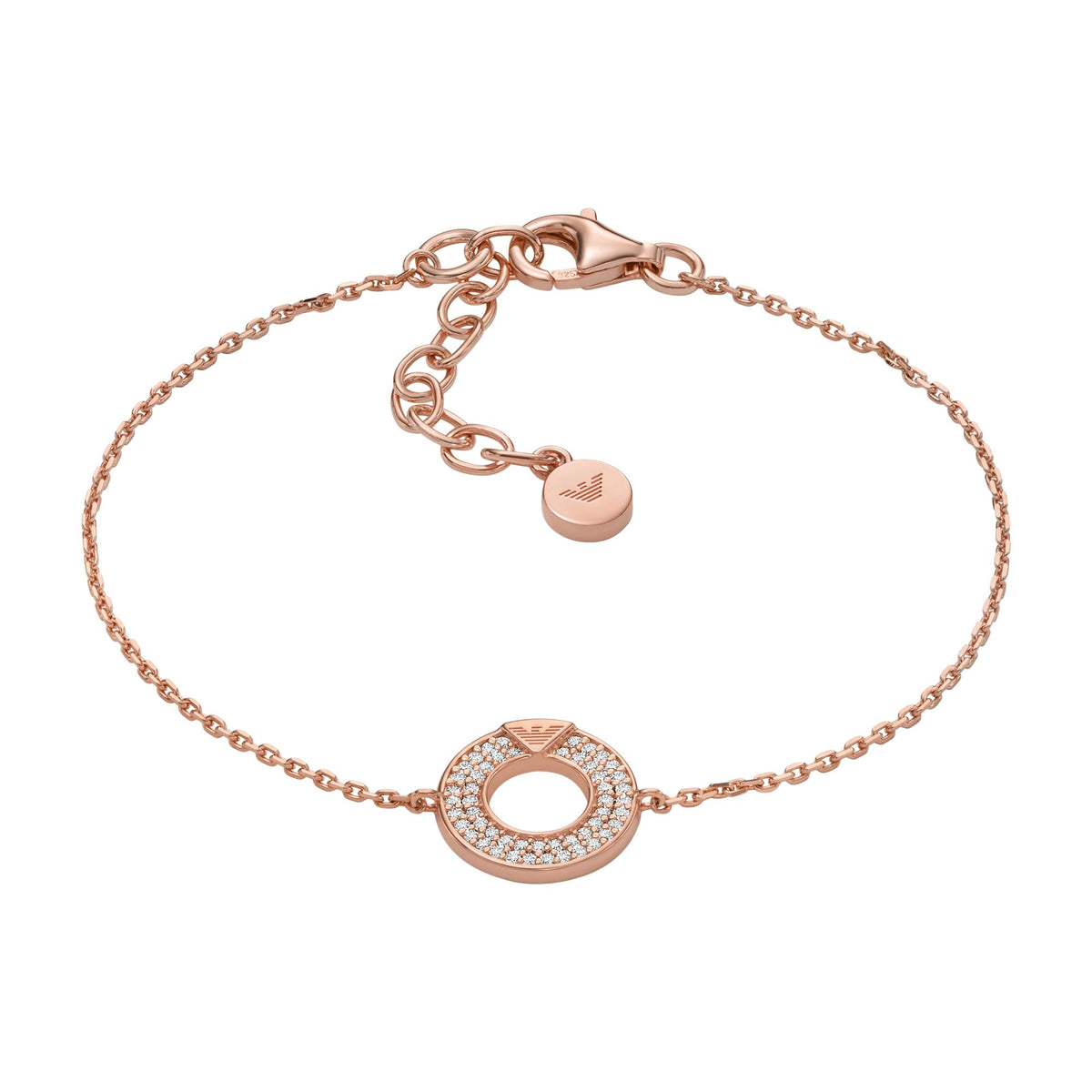Rose gold-tone link bracelet with clasp and oval stone ring centerpiece plus small logo disc charm