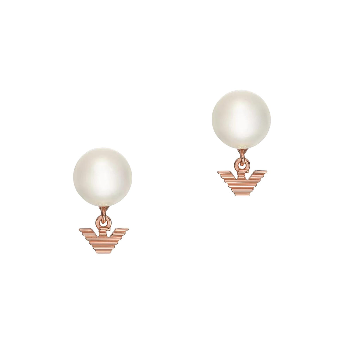 White pearl stud earrings with rose-gold geometric drop charm, paired