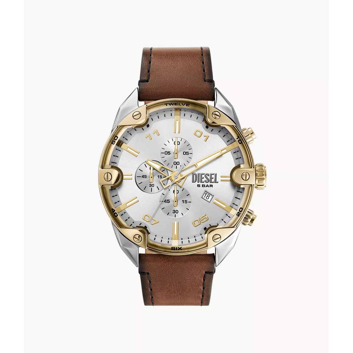 Men's chronograph watch front view with brown leather strap, silver case, gold accents