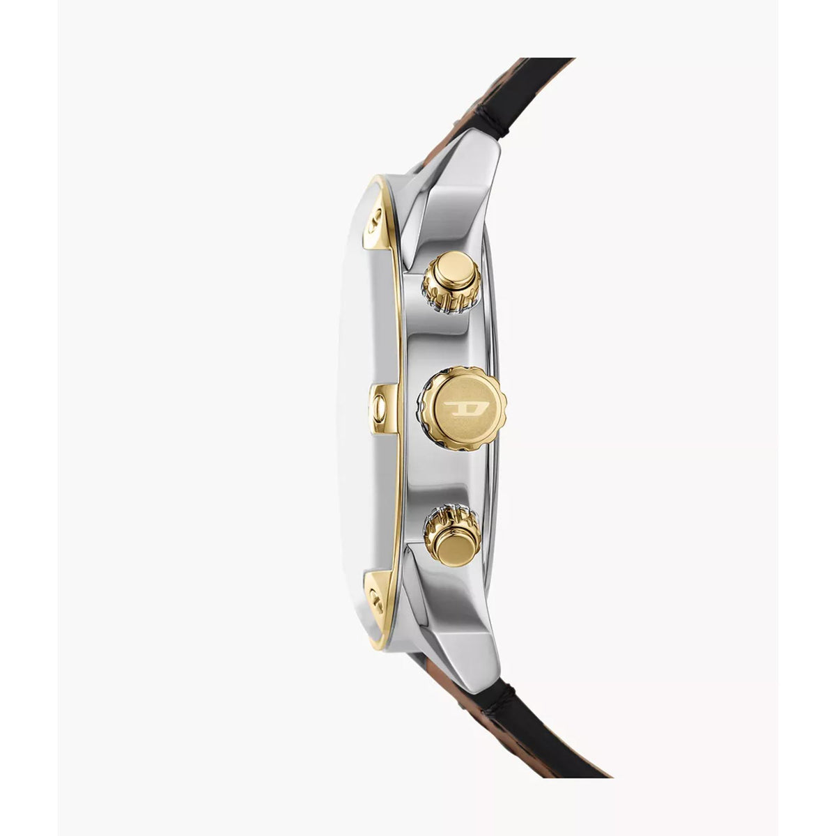 Men's chronograph watch side profile with brown leather strap and gold-capped buttons