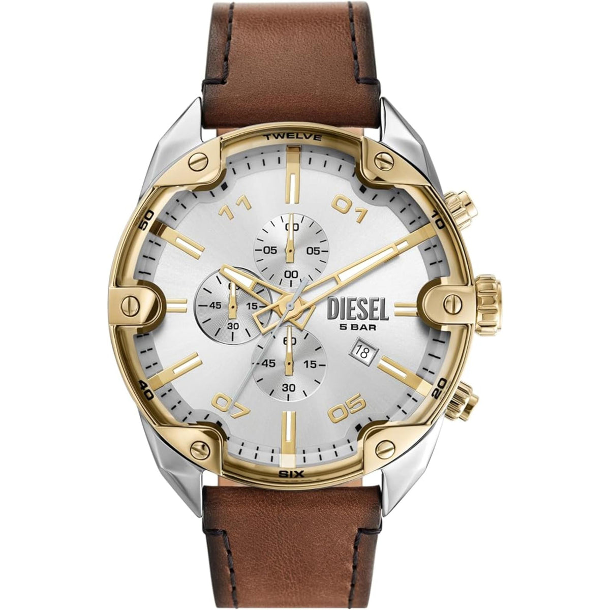 Men's chronograph watch front view, brown leather strap, silver bezel with gold details