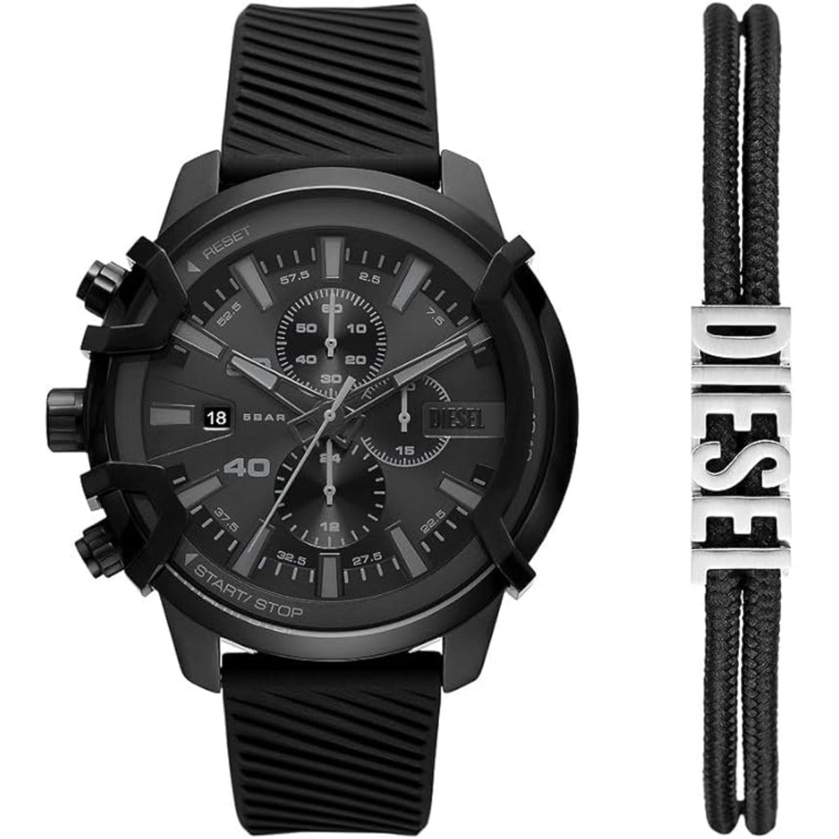 Diesel black chronograph quartz watch and matching silicone bracelet, ridged straps
