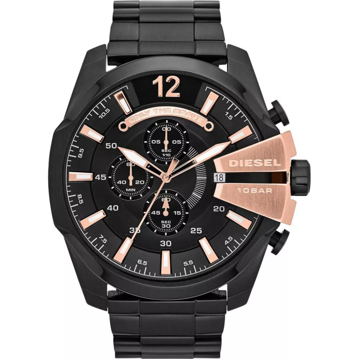 Men's chronograph watch front view, black dial, black steel band, rose-gold bezel ring