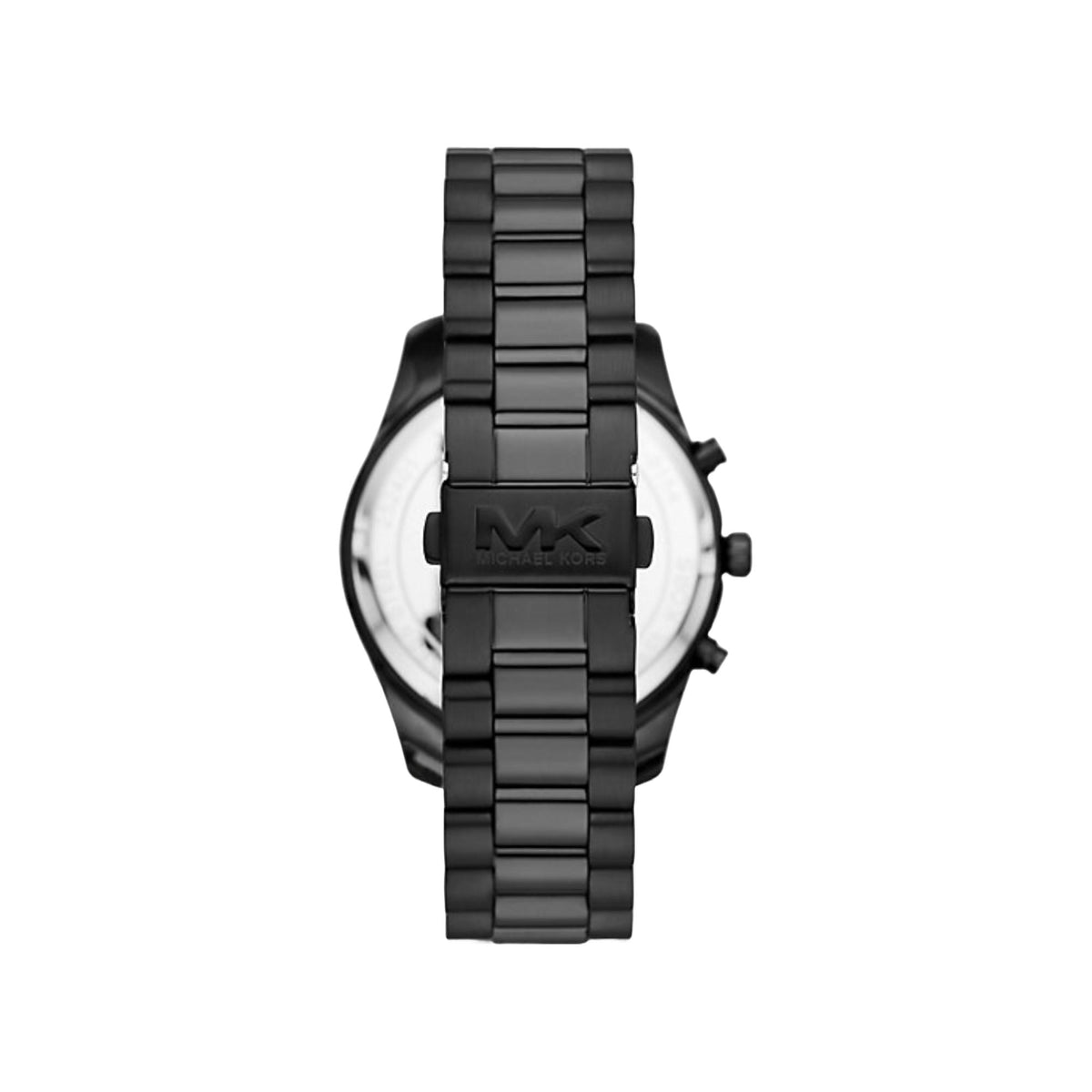 Black stainless chronograph watch side view with crown and pushers