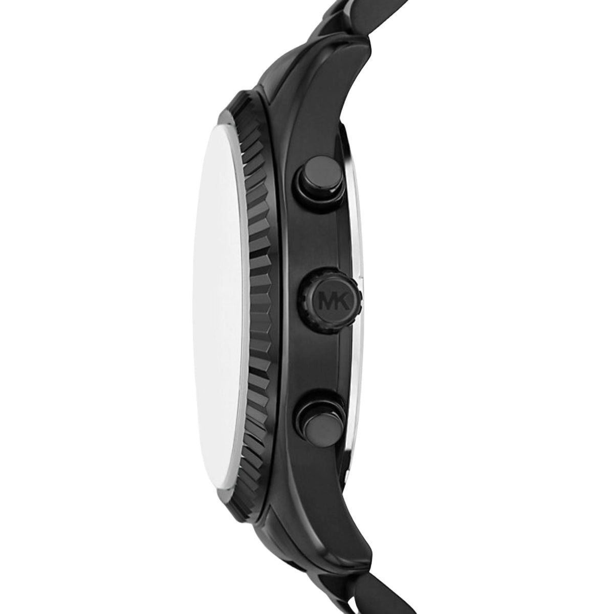 Black stainless watch side profile with textured bezel and crown