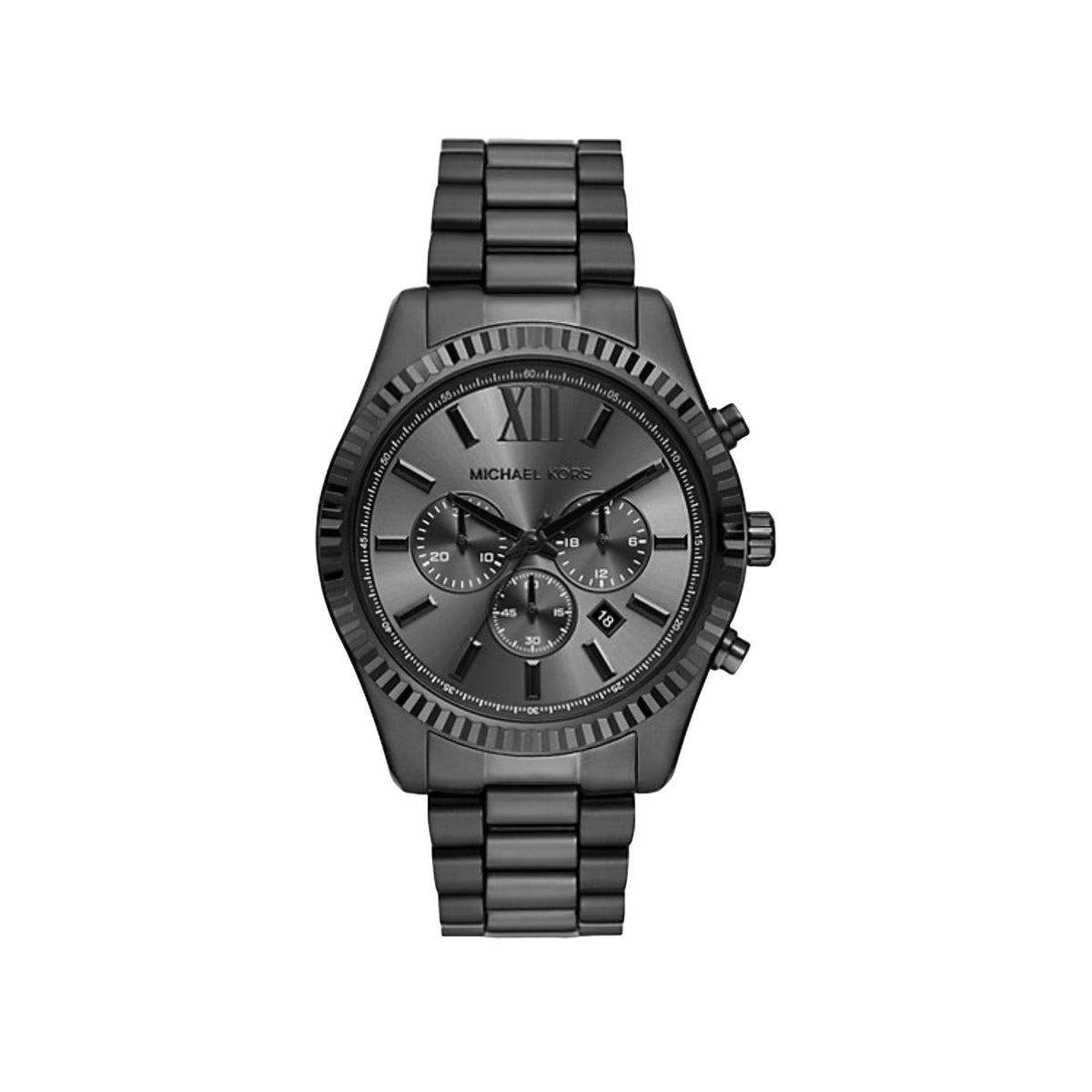 Men's Michael Kors chronograph watch with black dial, Roman numerals, and bracelet