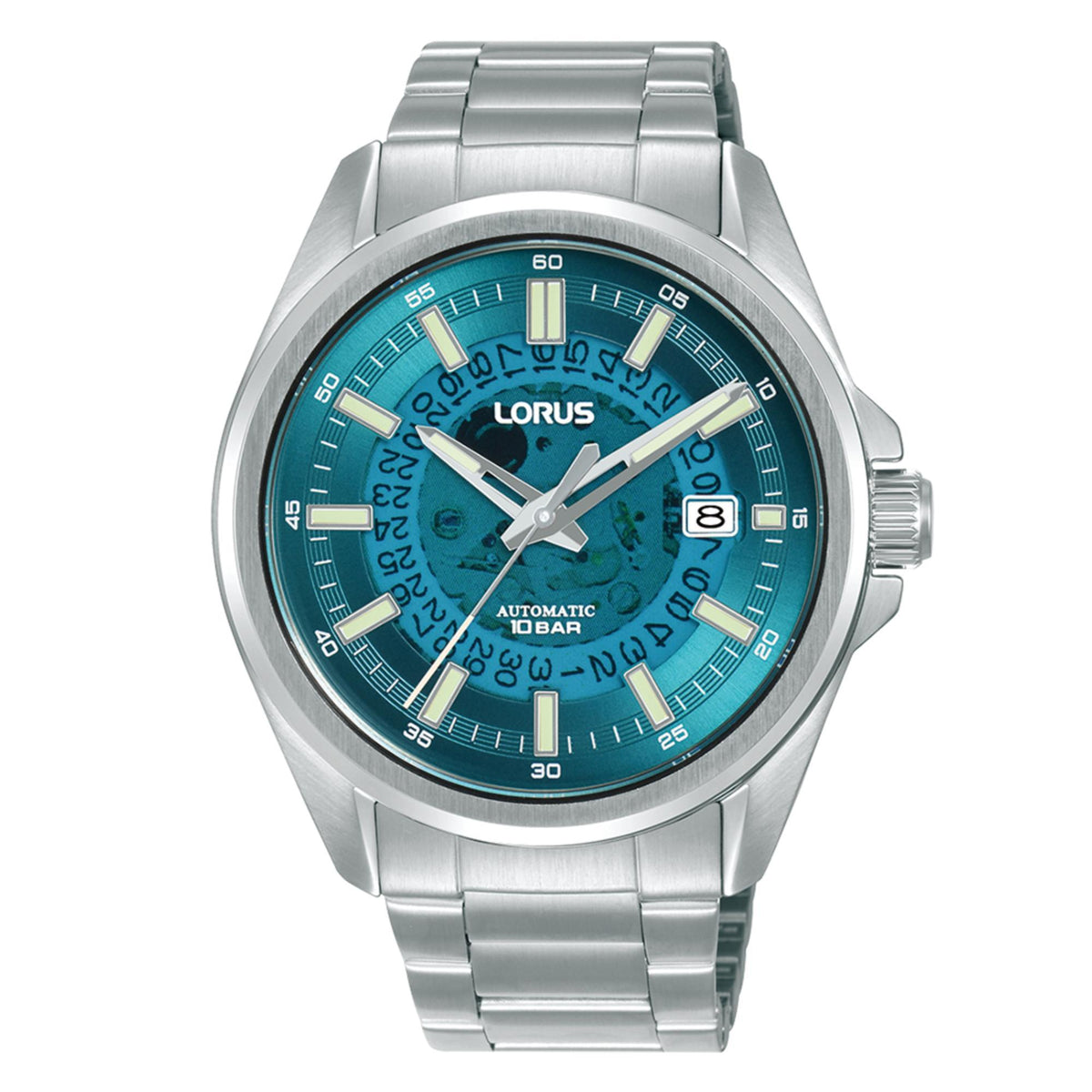 Blue dial automatic men's watch with silver stainless steel link bracelet