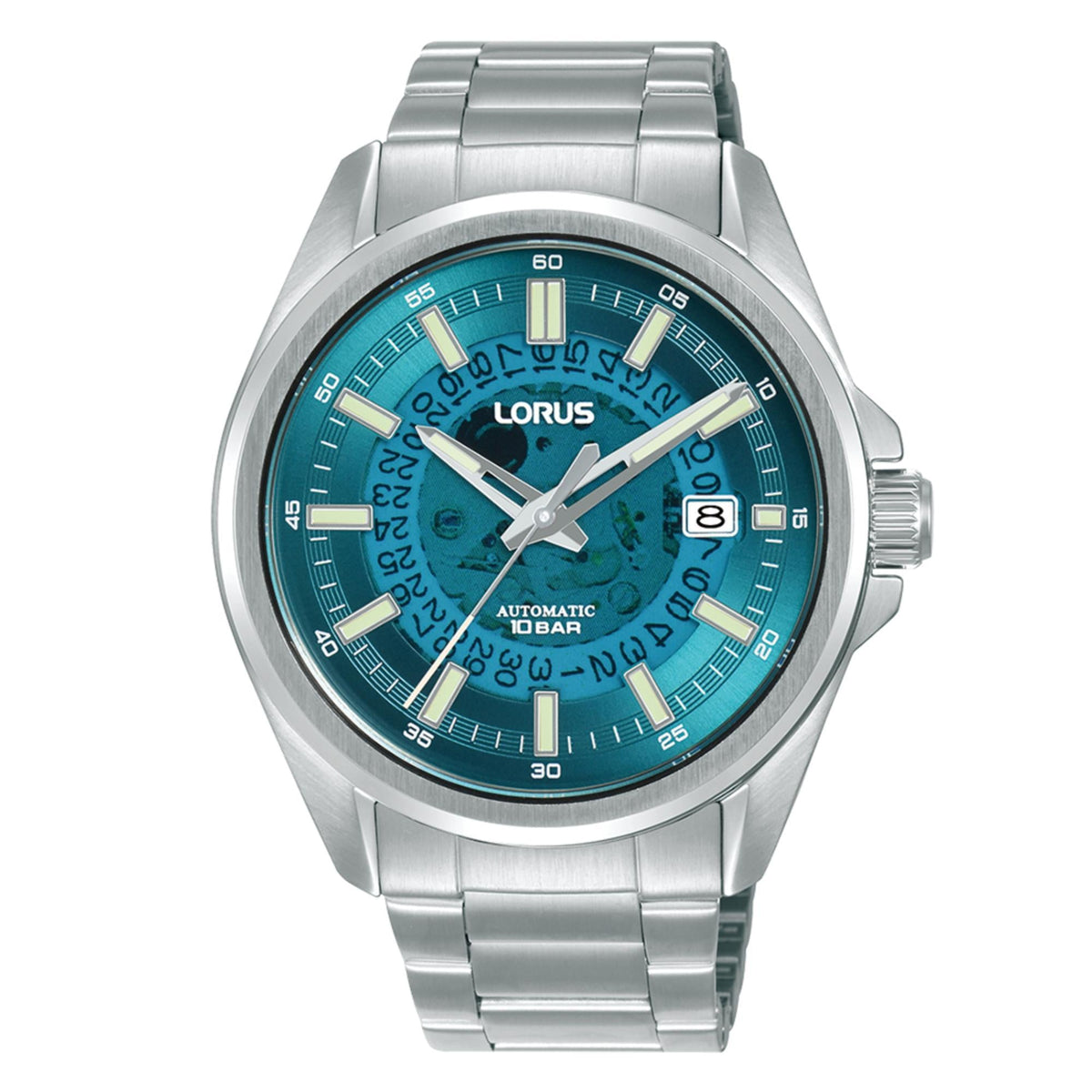 Stainless steel automatic wristwatch with teal-blue dial and date window at 3
