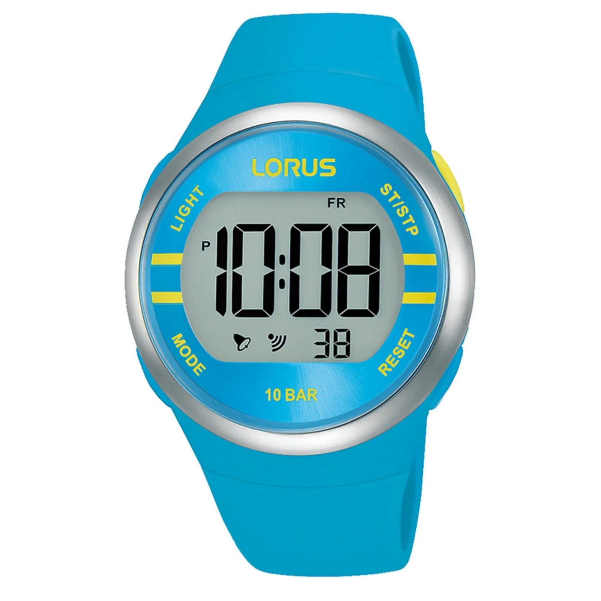 Men's digital quartz watch, blue silicone strap and silver bezel, digital time and 10 BAR