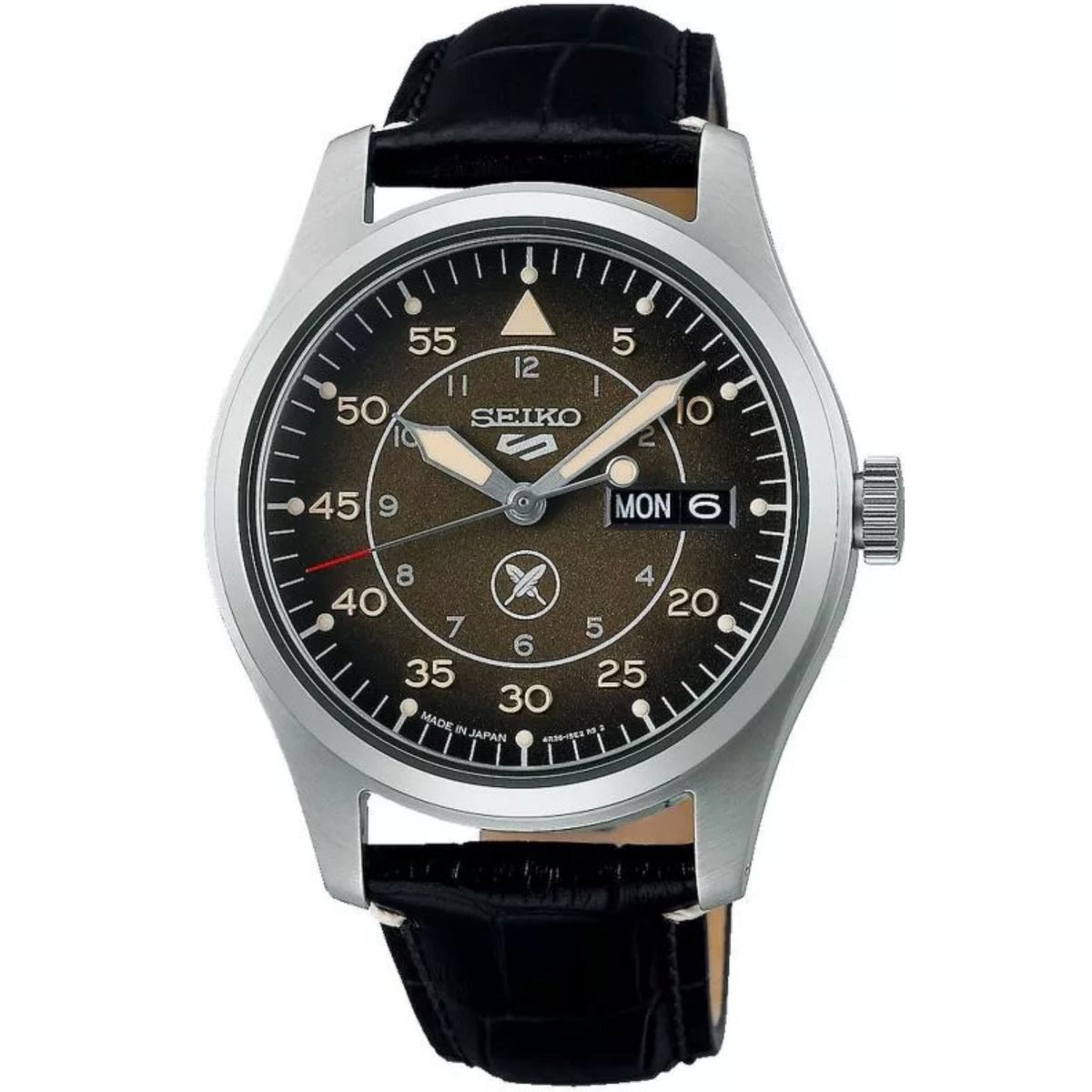 Men's Seiko 5 Sports watch with dark brown dial, silver case, black leather strap