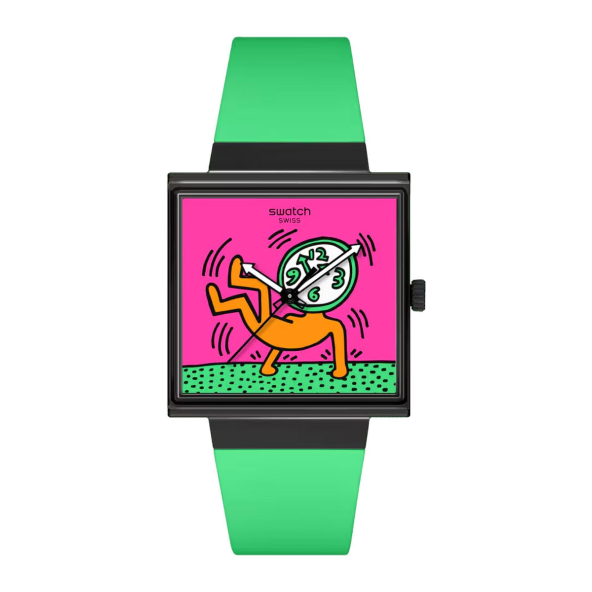 Square women’s watch front view: pink dial with graphic, green silicone strap