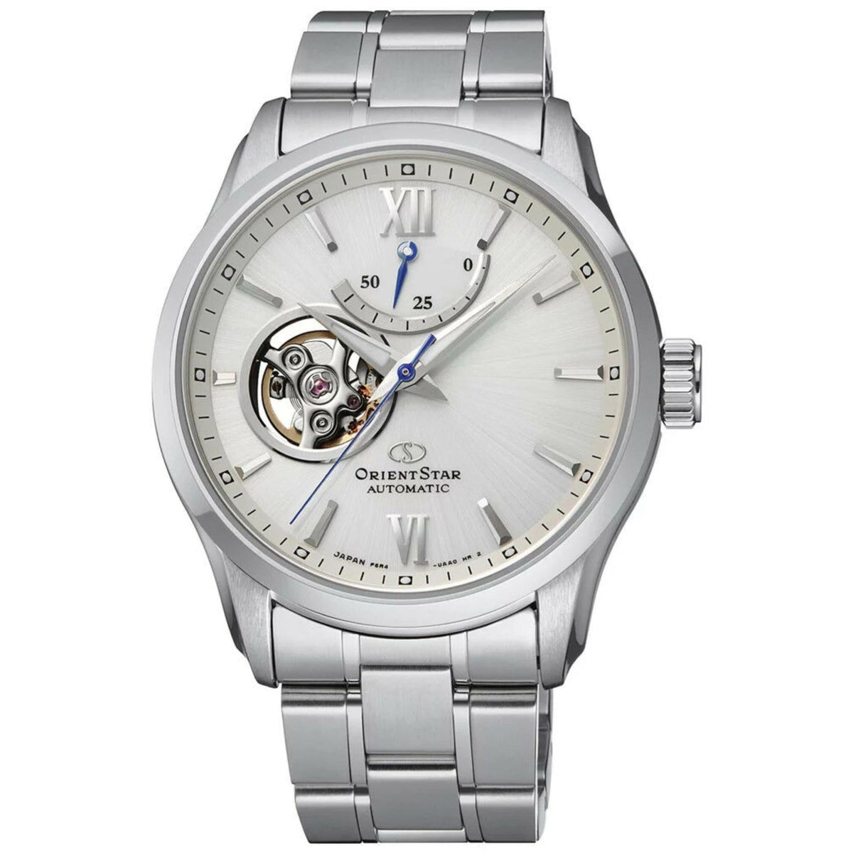Men's automatic watch with white dial, open-heart movement, Roman numerals, metal bezel