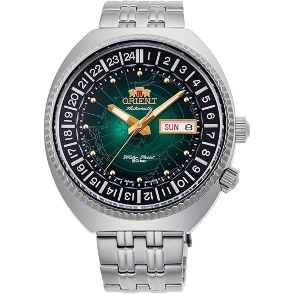 Men's automatic watch with green map dial, black bezel, gold hands and day-date