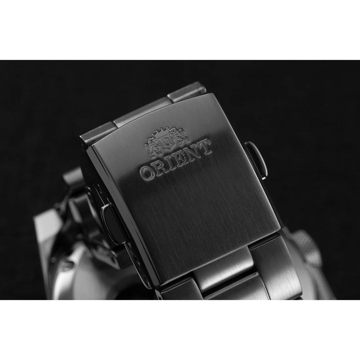 Steel watch clasp with ORIENT logo engraving and textured brushed finish