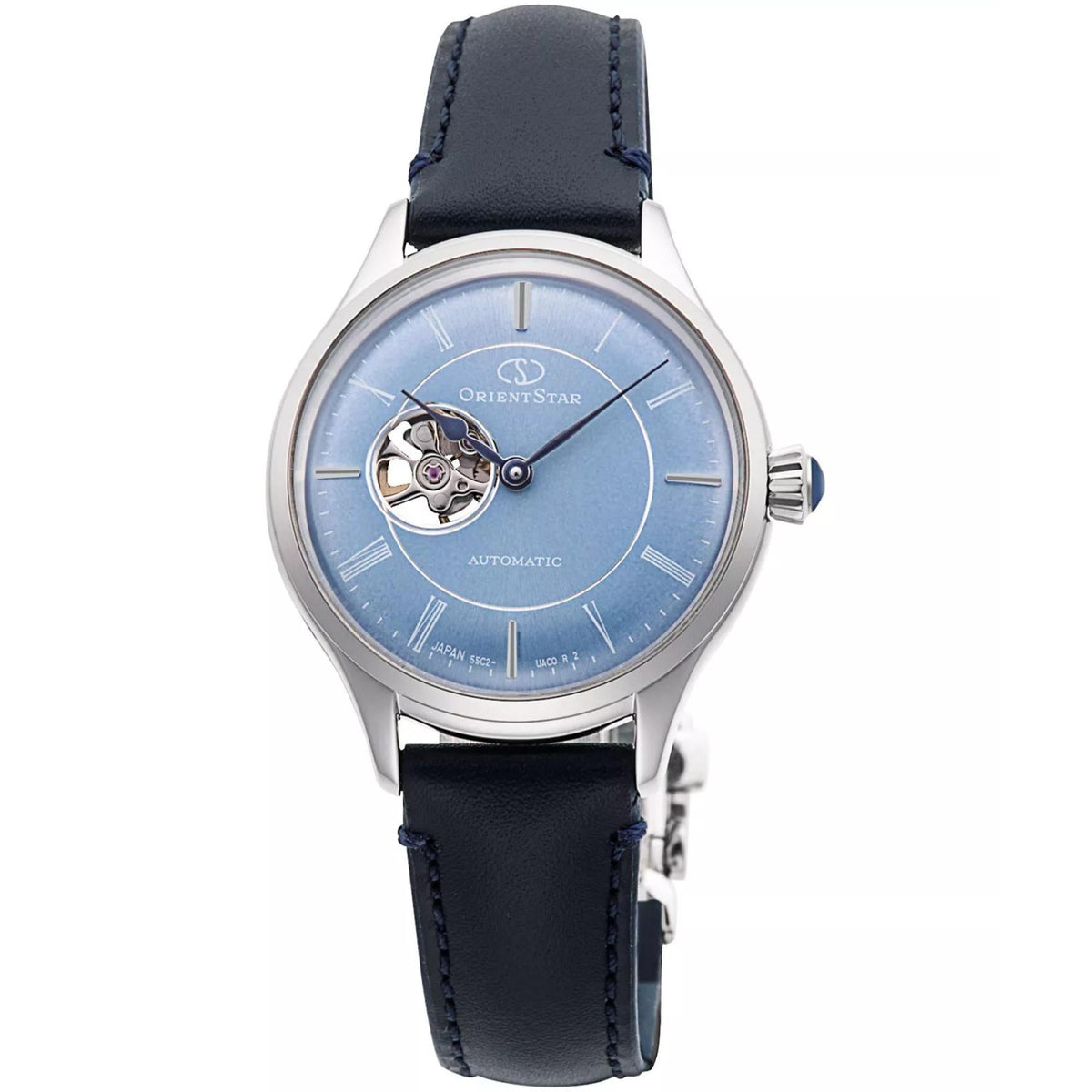 Orient Star semi-skeleton automatic ladies watch with blue dial and navy leather strap